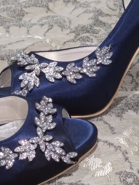 Royal Blue, Satin Peep-Toe,Platform, Heels with Crystal Leaf Accents